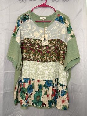 Easel - Patchwork Floral Green Tunic top (OVERSIZED)